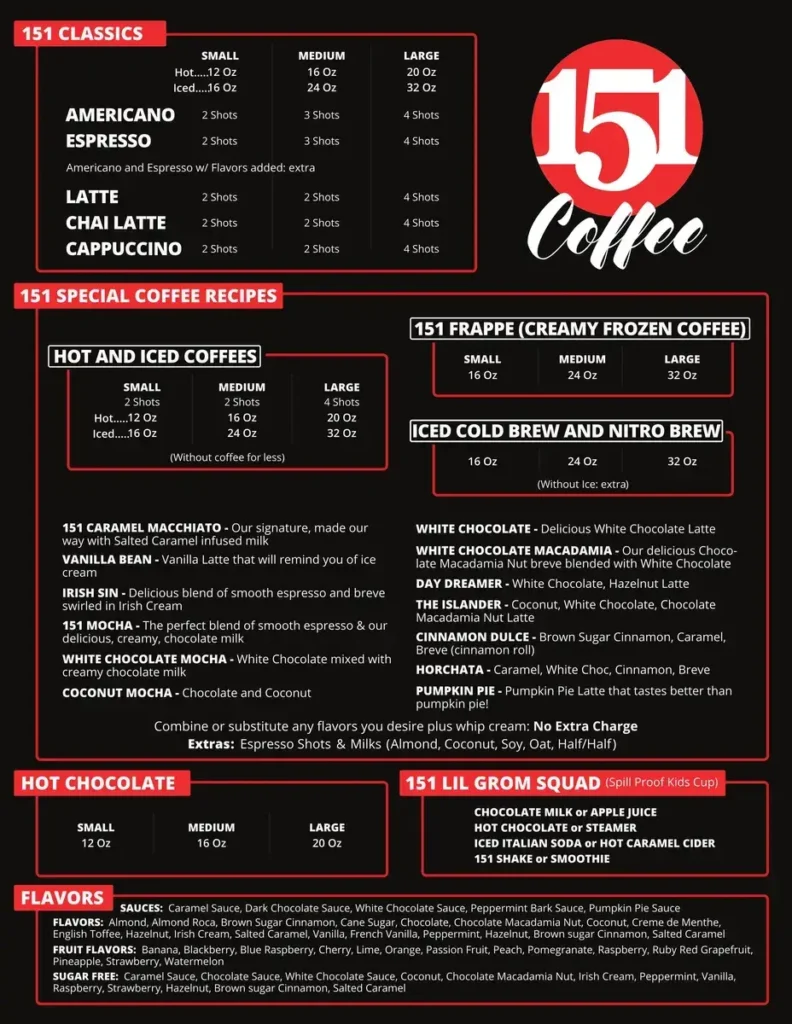 151 Coffee&nbsp;Menu USA