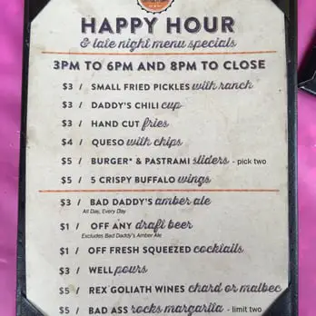 Bad Daddy&rsquo;s&nbsp;Menu USA
