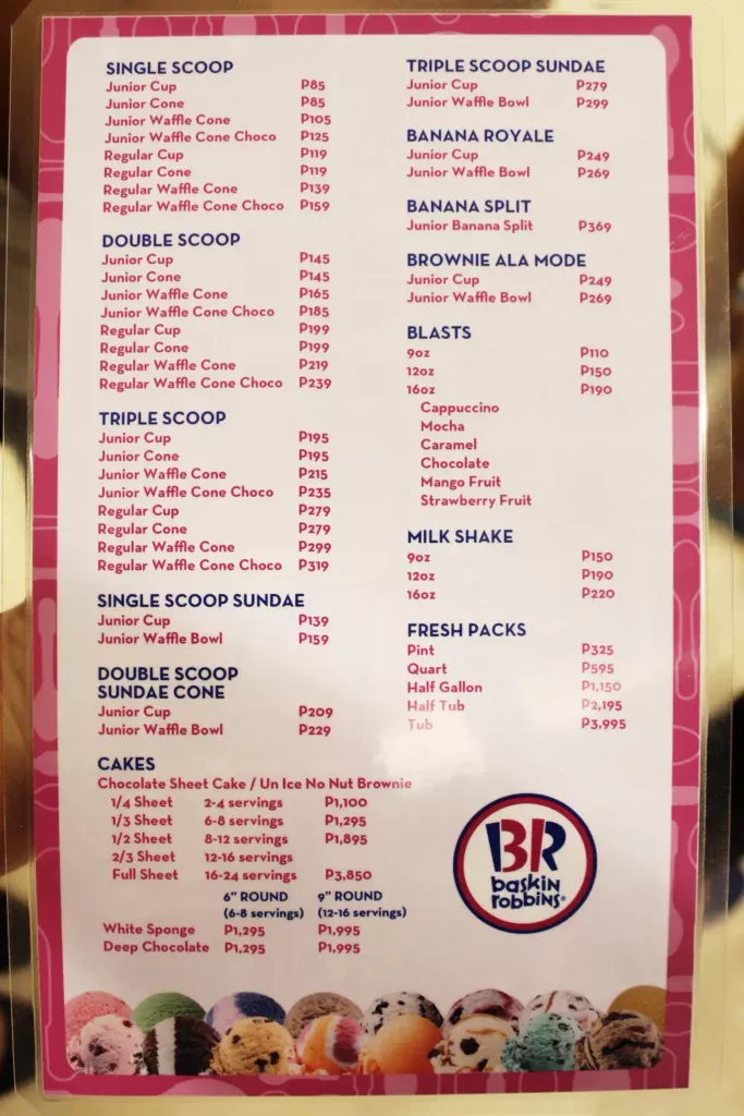 Baskin Robbins&nbsp;Menu USA