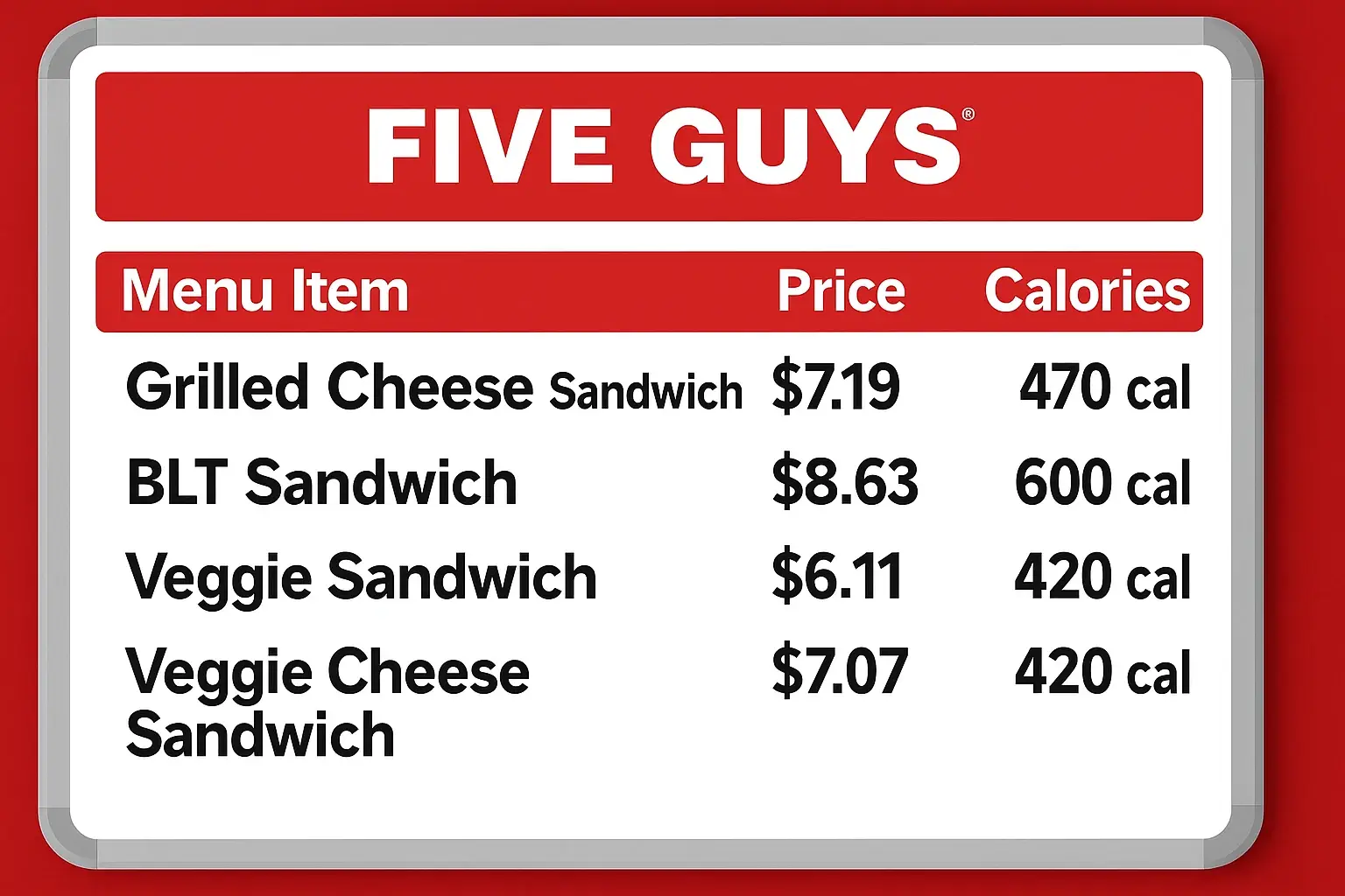 Five Guys Menu USA Prices 2026