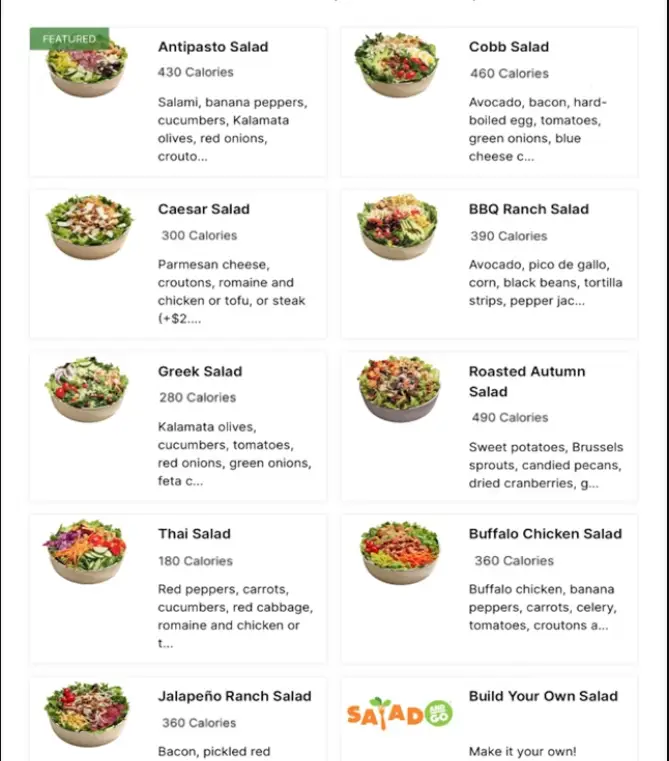 Salad and Go&nbsp;Menu USA