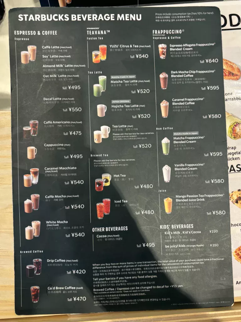 Starbucks Menu USA Prices