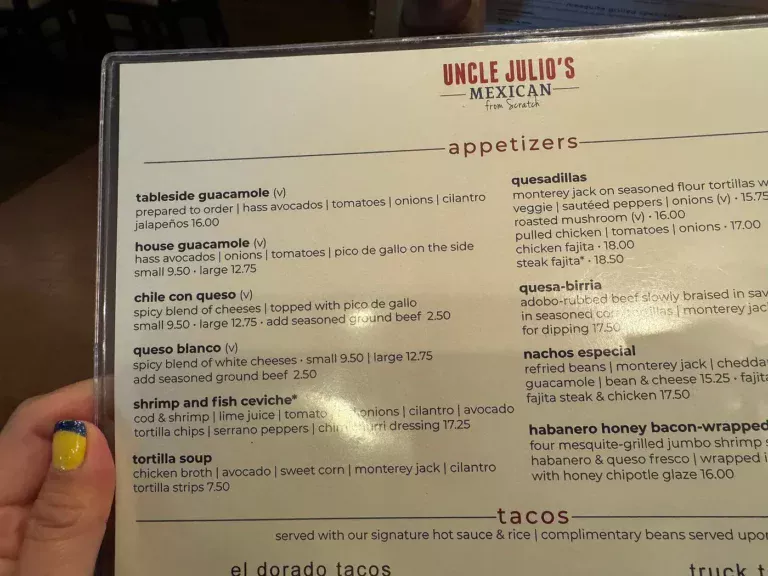 Uncle Julio’s Menu USA